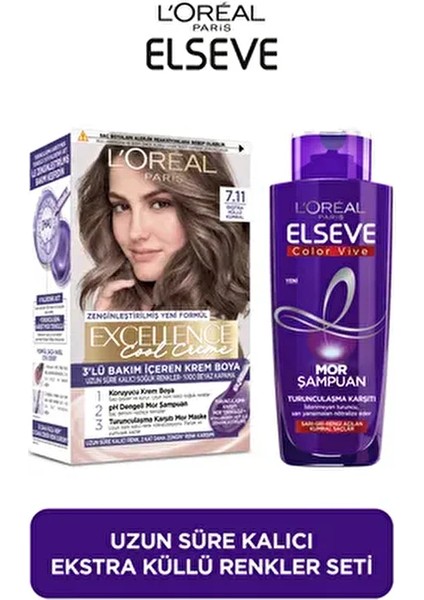 Turunculaşma Karşıtı Mor Şampuan + Excellence Cool Creme Saç Boyası 7.11 Ekstra Küllü Kumral