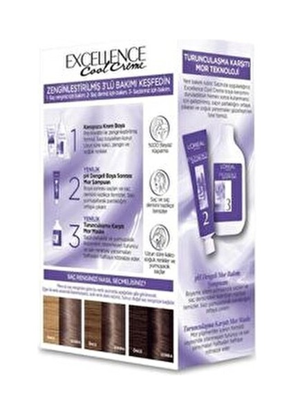 Turunculaşma Karşıtı Mor Şampuan + Excellence Cool Creme Saç Boyası 7.11 Ekstra Küllü Kumral indirimleri