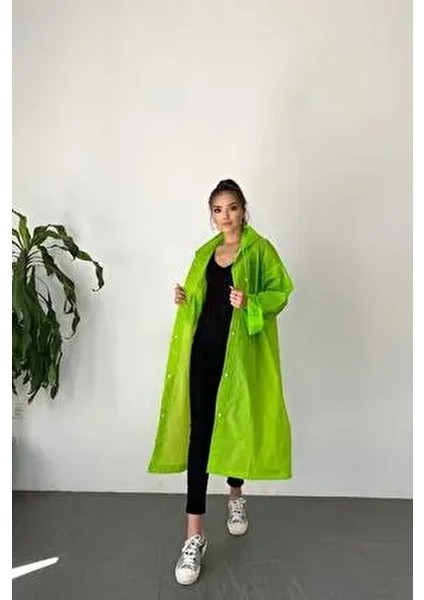 Kadın Yeşil Çıt Çıt Detay Şeffaf Yağmurluk