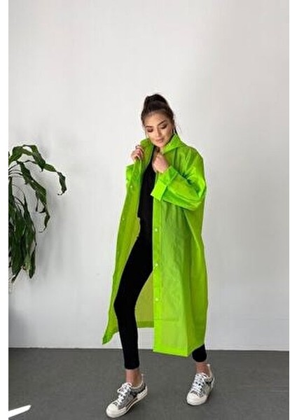 Kadın Yeşil Çıt Çıt Detay Şeffaf Yağmurluk indirimleri