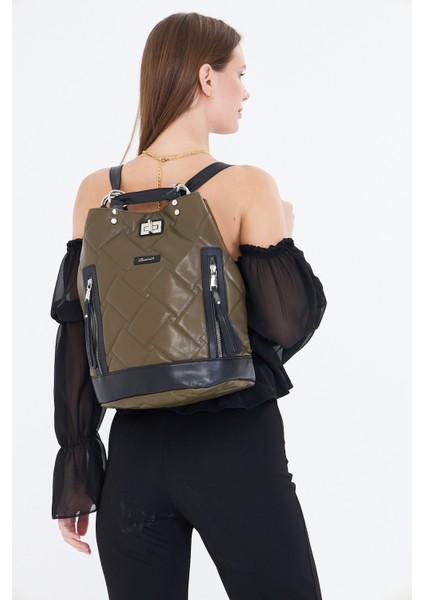 Gri Kapitone Nakışlı Büzgülü Kadın Sırt Çantası