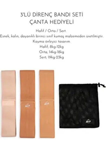 3'lü Egzersiz Fitness Direnç Bandı Direnç Lastiği; Hafif / Orta/ Sert Seyahat Çantası Hediyeli