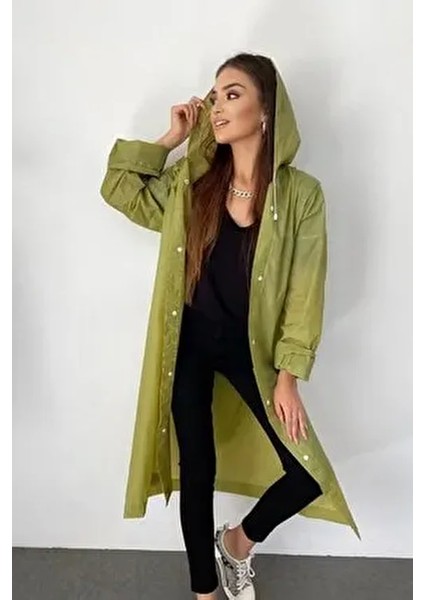 Kadın Haki Çıt Çıt Detay Şeffaf Yağmurluk