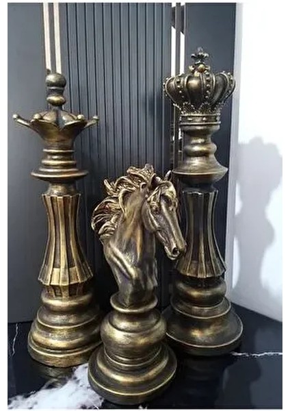 Şah, At, Vezir, 3lü Satranç Takımı Heykel Biblo Dekoru