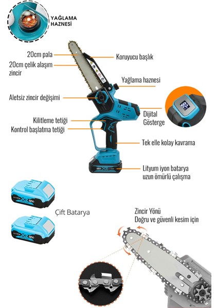 Otomatik Yağlamalı Şarjlı El Testeresi Ağaç Odun Dal Kesme Budama Çift Batarya Dijital Göstergeli EEA344 fiyatları