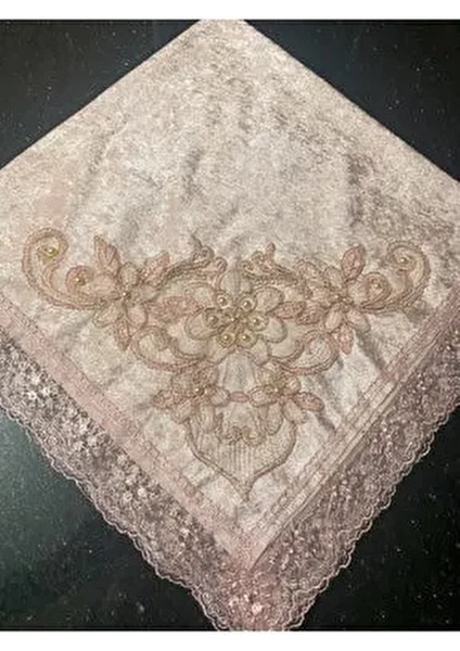 Kadife Fransız Güpürlü Dantel Inci Işlemeli Pudra Lüks Bohça 1 Parça Özel Model