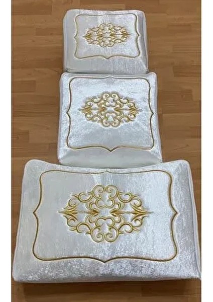 Çeyizlik Kadife Gold Işlemeli 3’lü Krem Bohça Nişan Gelin Damat Hurcu