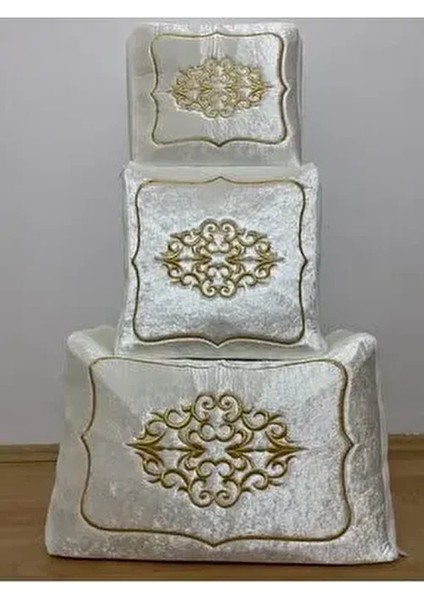 Çeyizlik Kadife Gold Işlemeli 3’lü Krem Bohça Nişan Gelin Damat Hurcu fiyatları