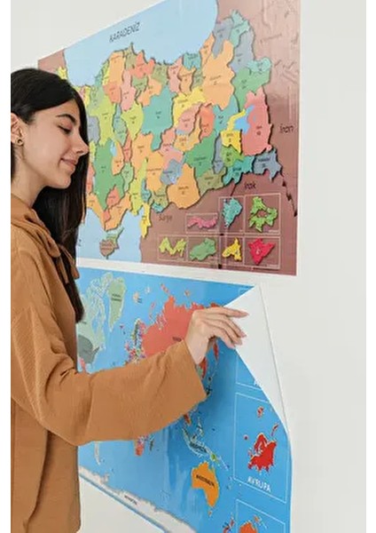 Renkli Türkiye ve Dünya Haritası Seti Statik Akıllı Kağıt Tahta
