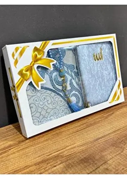 Hediyelik Bohçalık Tafta Saçaklı Mavi Seccade, Yasin, Tesbih Seti