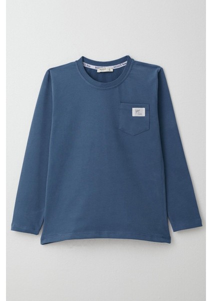 Erkek Çocuk Uzun Kollu Tişört Cool Yazı Armalı Cepli 4-8 Yaş, Indigo