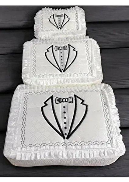 3'lü Damat Fiyonk Figürlü Çeyizlik Saten Bohça Nişan Gelin Damat Hurç Seti