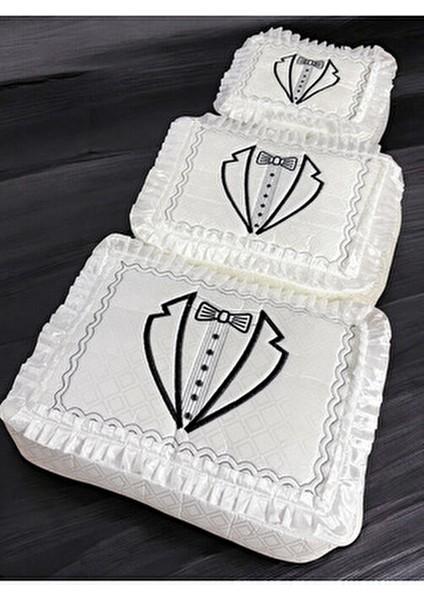 3'lü Damat Fiyonk Figürlü Çeyizlik Saten Bohça Nişan Gelin Damat Hurç Seti