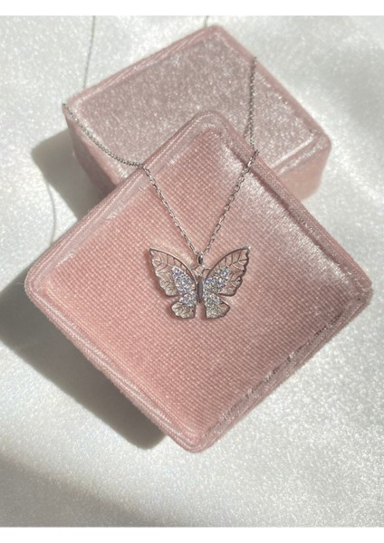 925 Ayar Gümüş Rose Kaplama, Zirkon Taşlı Diaethria Kelebek Kolye – Özel Tasarım Takı modelleri