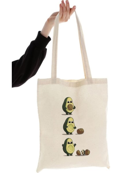 Avokado Ve Yavrusu Baskılı Ham Bez Çanta