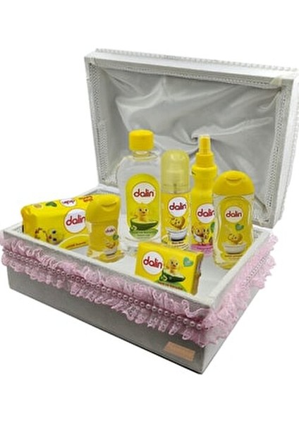 Bebek Bakım Seti Kadife Kumaş Kaplamalı Ahşap Sandık Kız Pembe