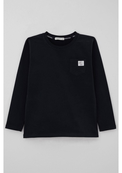 Erkek Çocuk Uzun Kollu Tişört Cool Yazı Armalı Cepli 4-8 Yaş, Lacivert