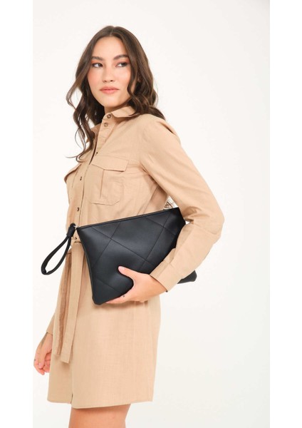 Simfa Siyah Kapitone Deri Clutch El Çantası
