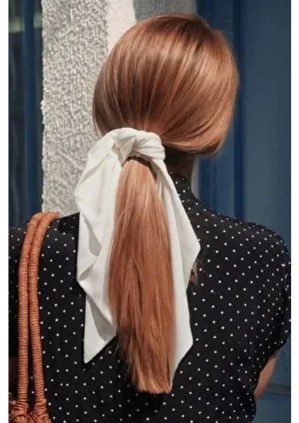 Kadın Ipek Fular Lastik Toka Beyaz Renkli Şık Desenli Aksesuar