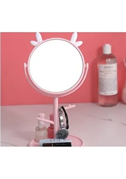 Geyik Kulaklı Masa Üstü Makyaj Aynası Metal Yuvarlak Tasarım Pembe Renkli