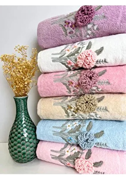3D Elişi Çiçek Nakışlı 6'lı 50X90 El Yüz Havlu Seti