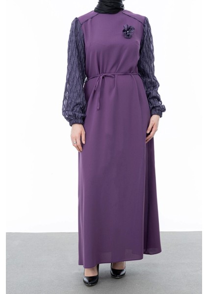 Garni Kumaşlı Broşlu Elbise - Mürdüm fiyatları