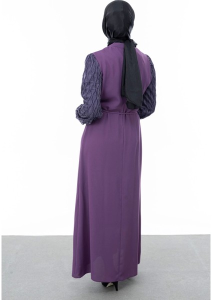 Garni Kumaşlı Broşlu Elbise - Mürdüm