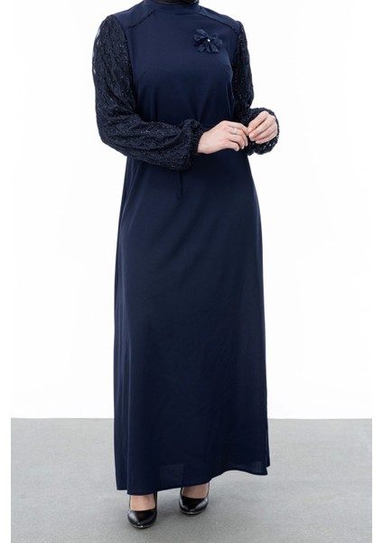 Garni Kumaşlı Broşlu Elbise - Lacivert fiyatları