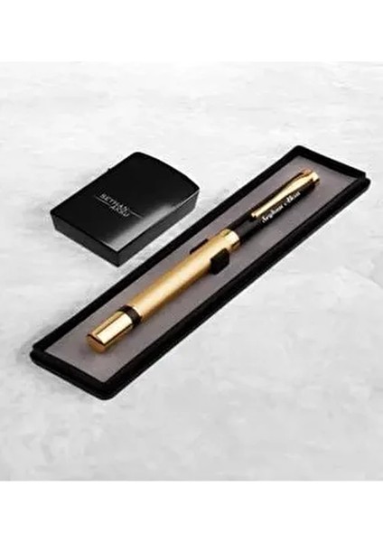 Kişiye Özel Isimli Kalem & Benzinli Siyah Metal Çakmak Hediye Seti