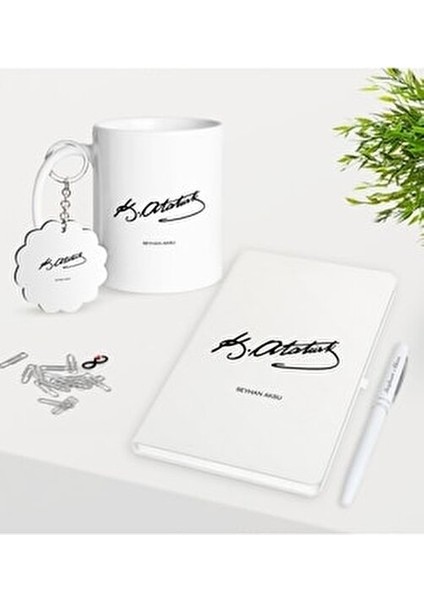 Kişiye Özel Atatürk İmzalı Beyaz Defter Kalem Kupa Anahtarlık Hediye Seti-1