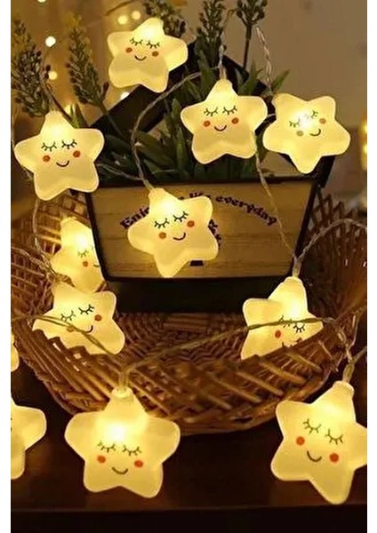 Dekoratif Pilli Gülen Yüz Yıldız Ip LED Işık Zinciri Yılbaşı Süs Aydınlatma