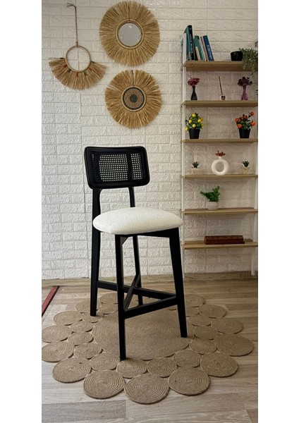 Concept Zion Bar Sandalyesi Teddy Krem Kumaş Hasırlı Siyah Ahşap Ada Sandalye