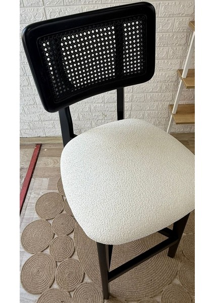 Concept Zion Bar Sandalyesi Teddy Krem Kumaş Hasırlı Siyah Ahşap Ada Sandalye modelleri