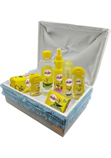 Bebek Bakım Seti Ahşap Kadife Kumaş Kaplamalı Bebek Sandığı Erkek Mavi