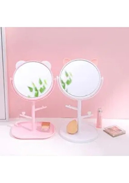 Kedi Kulaklı Masa Üstü Askılıklı Makyaj Aynası- Beyaz