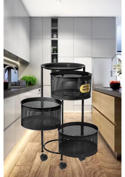 Tekerlekli Metal 3' Lü Sebzelik Yuvarlak Siyah 60X32,5X32,5 modelleri