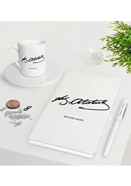 Kişiye Özel Atatürk Imzalı Beyaz Defter Kalem Türk Kahvesi Fincanı Seti-1