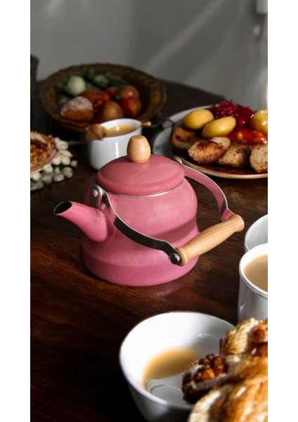 Ahşap Saplı Üstten Tutmalı Vintage Emaye Demlik 2.5 Litre Kırmızı Çaydanlık
