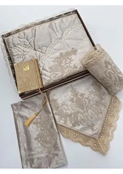6 Parça Seccade Takımı Çeyizlik Bohça Kutulu Kadife Güpürlü Gelin Damat Seti