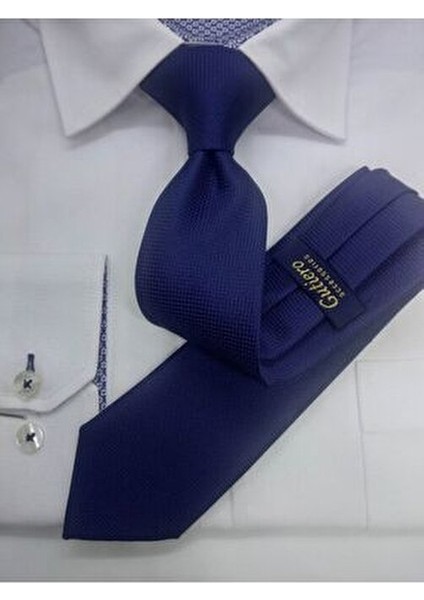 Lacivert Kendinden Desenli Slim Kravat