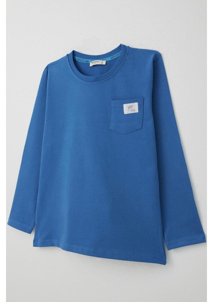 Erkek Çocuk Uzun Kollu Tişört Cool Yazı Armalı Cepli 4-8 Yaş, Saks Mavisi modelleri
