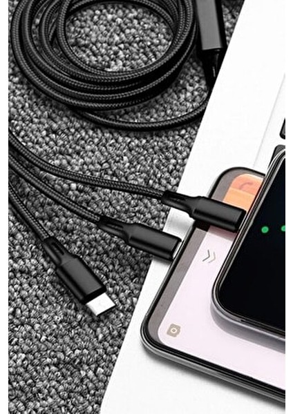 Huawei Xiaomi Samsung Iphone Uyumlu Çoklu Şarj Aleti Cihazı Kablosu Type-C Micro Lightning 3lü Şarj