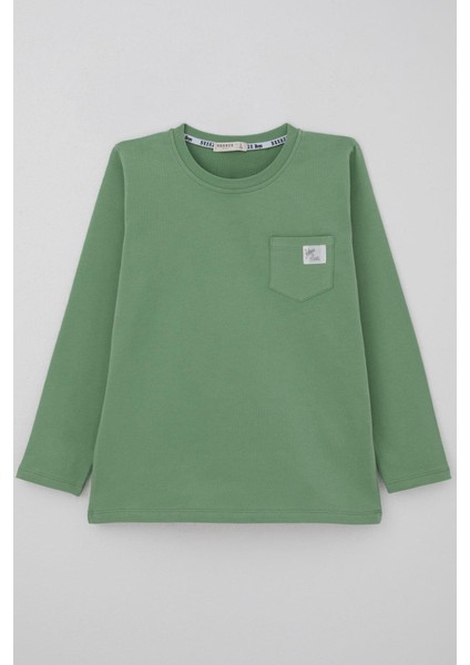 Erkek Çocuk Uzun Kollu Tişört Cool Yazı Armalı Cepli 4-8 Yaş, Mint Yeşili