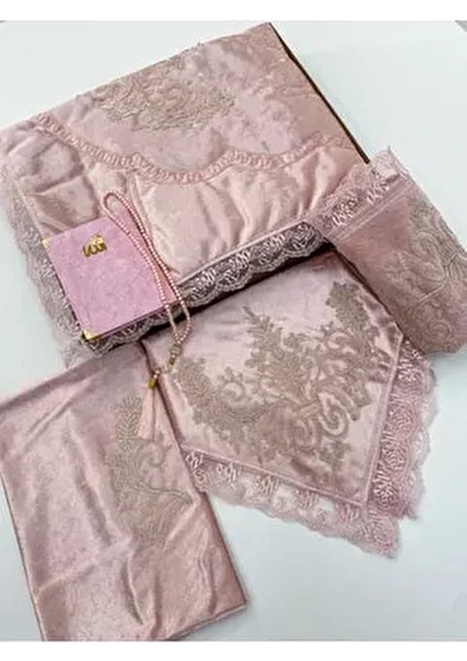 6 Parça Seccade Takımı Çeyizlik Bohça Kutulu Kadife Güpürlü Gelin Damat Seti