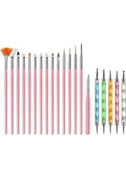 Nail Art Tırnak Süsleme Desen Fırça 15'li ve Dot Kalem Seti 5'li (Pembe)