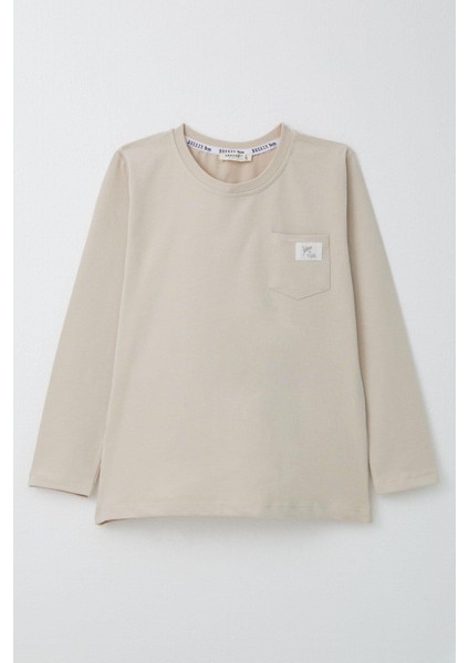 Erkek Çocuk Uzun Kollu Tişört Cool Yazı Armalı Cepli 4-8 Yaş, Bej