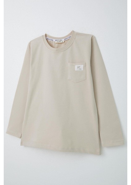 Erkek Çocuk Uzun Kollu Tişört Cool Yazı Armalı Cepli 4-8 Yaş, Bej modelleri