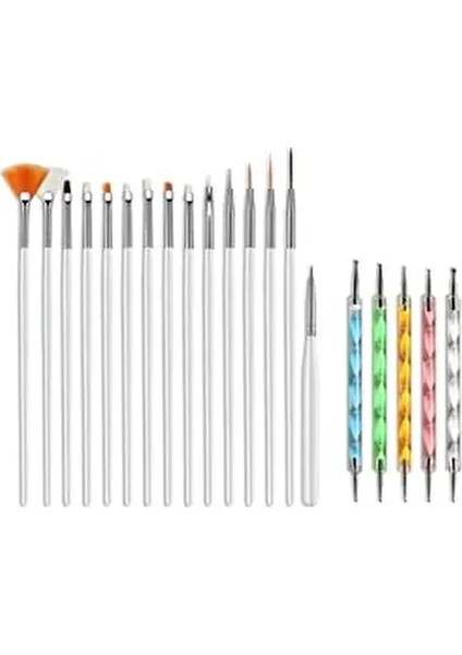 Nail Art Tırnak Süsleme Desen Fırça 15'li ve Dot Kalem Seti 5'li (Beyaz)