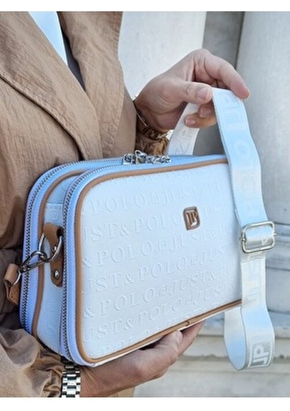 Orijinal Justpolo 5 Bölmeli Beyaz Çanta Cüzdan Takım Omuz ve Çapraz Çantası