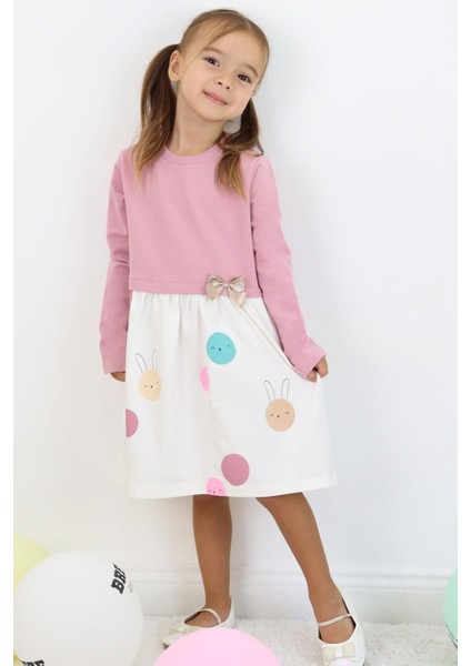Kız Çocuk Uzun Kollu Elbise Sevimli Renkli Tavşancık Baskılı 1.5-5 Yaş, Gülkurusu